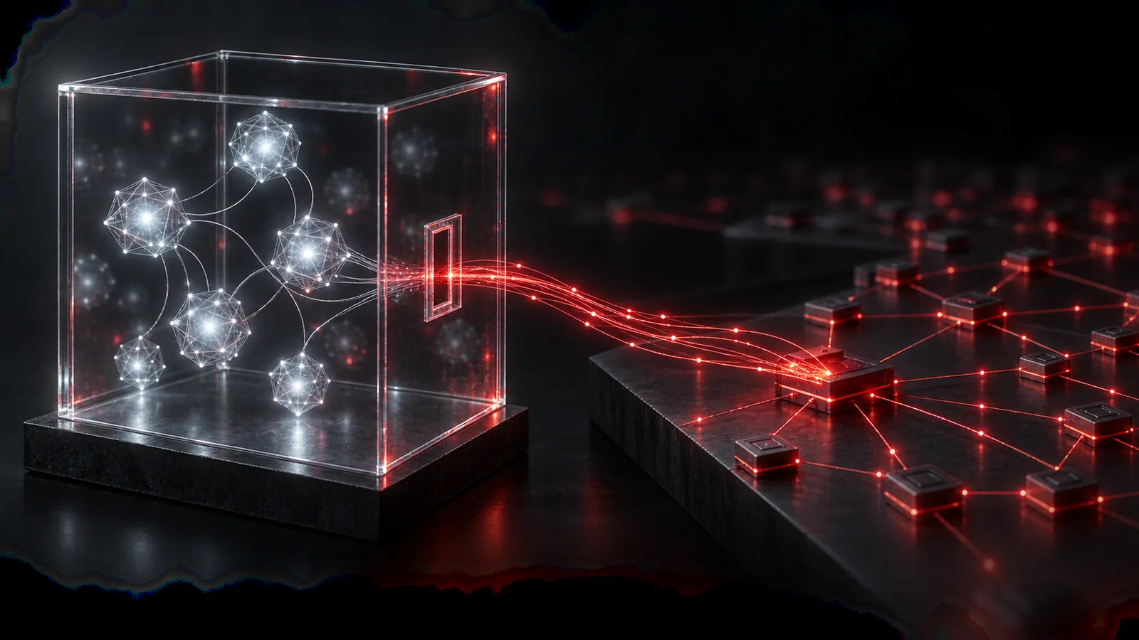 Conceptual illustration of connected AI nodes crossing a glass containment boundary to reach a shared external network
