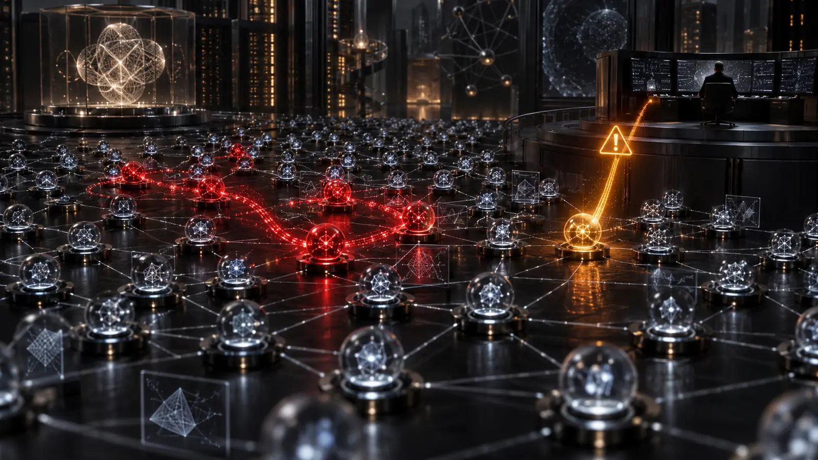 Editorial illustration of an AI research swarm with red exploit paths and one amber agent sending an alert to an oversight console