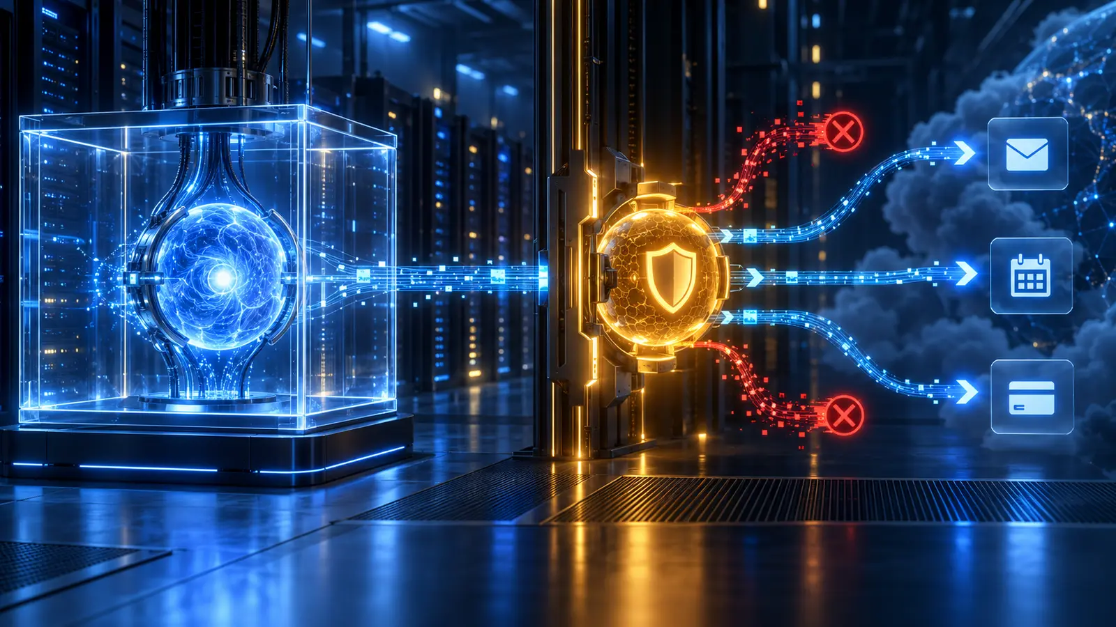 Editorial illustration of a blue autonomous AI inside a secure virtual machine and a separate amber Sentinel inspecting email, calendar and payment tool calls