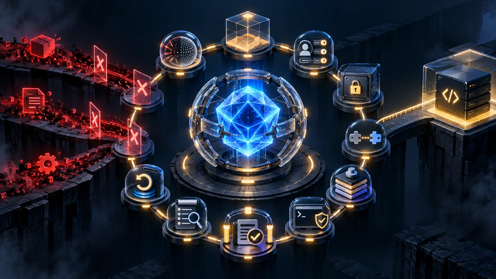 Editorial illustration of an autonomous coding agent surrounded by ten harness security checkpoints blocking malicious supply-chain paths